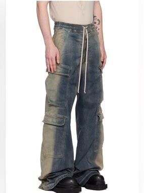 Washed Blue Cargo Drawstring Wide-Leg Pants